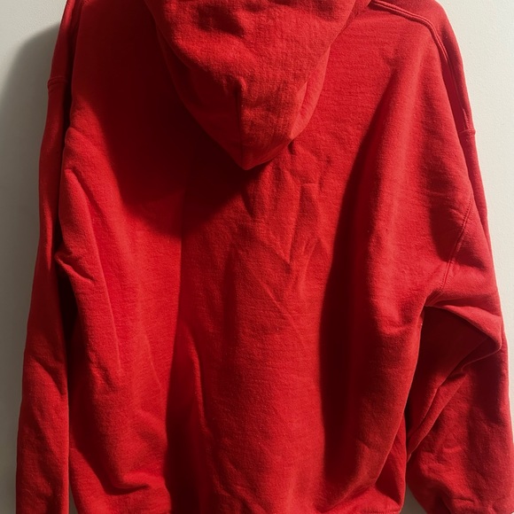 Bright red sweatshirt/hoodie with Gryphon + Arts design - Picture 3 of 4